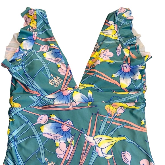 ModCloth The Kelsie Ruffle Blue Floral Plunge Neck One Piece Swimsuit Sz L - Picture 8 of 16